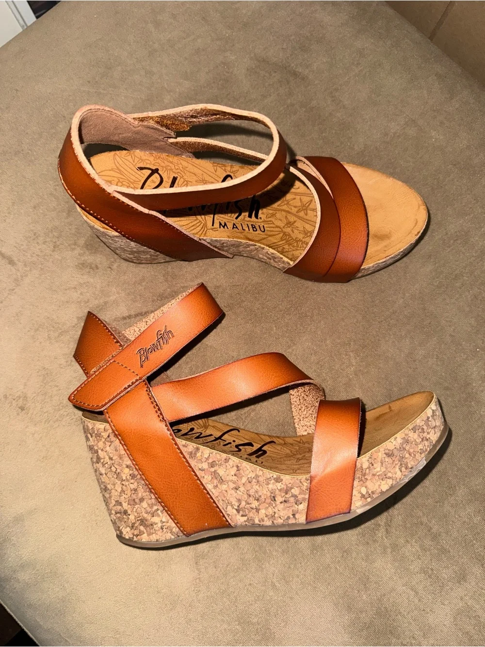 Blowfish Tan/Brown Leather Cross-Strap Wedge Sandals